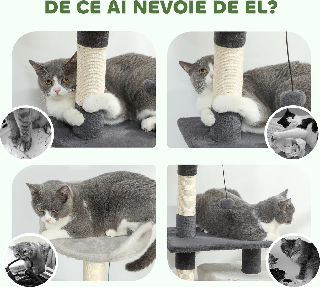 PawHut Ansamblu de joacă pentru pisici cu căsuță, Culcuș, Stâlpi și Covor, 85cm, Gri | Aosom Romania