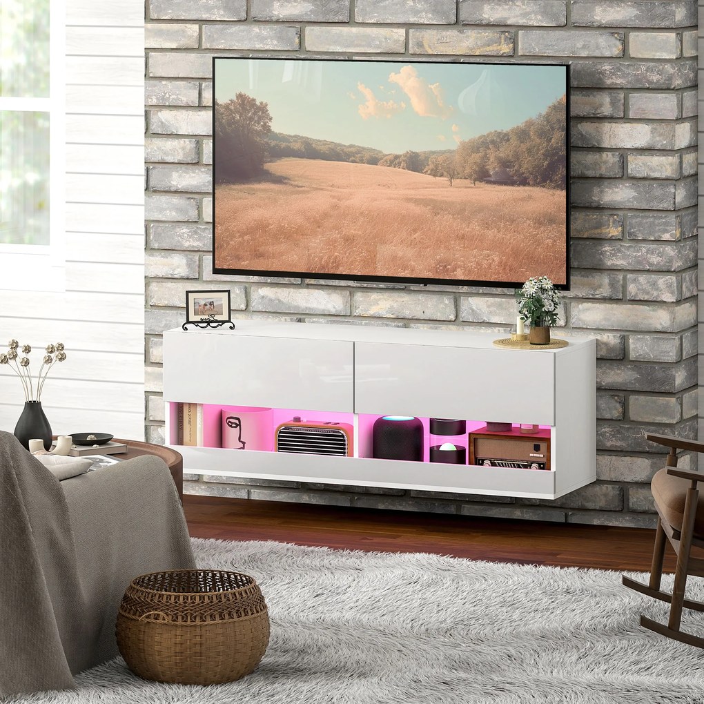 HOMCOM Dulap TV montat pe perete cu LED-uri, 16 moduri de clipire, Dulap TV montat pe perete, Rafturi deschise, 120 x 35 x 40,5 cm, Alb | Aosom Romania