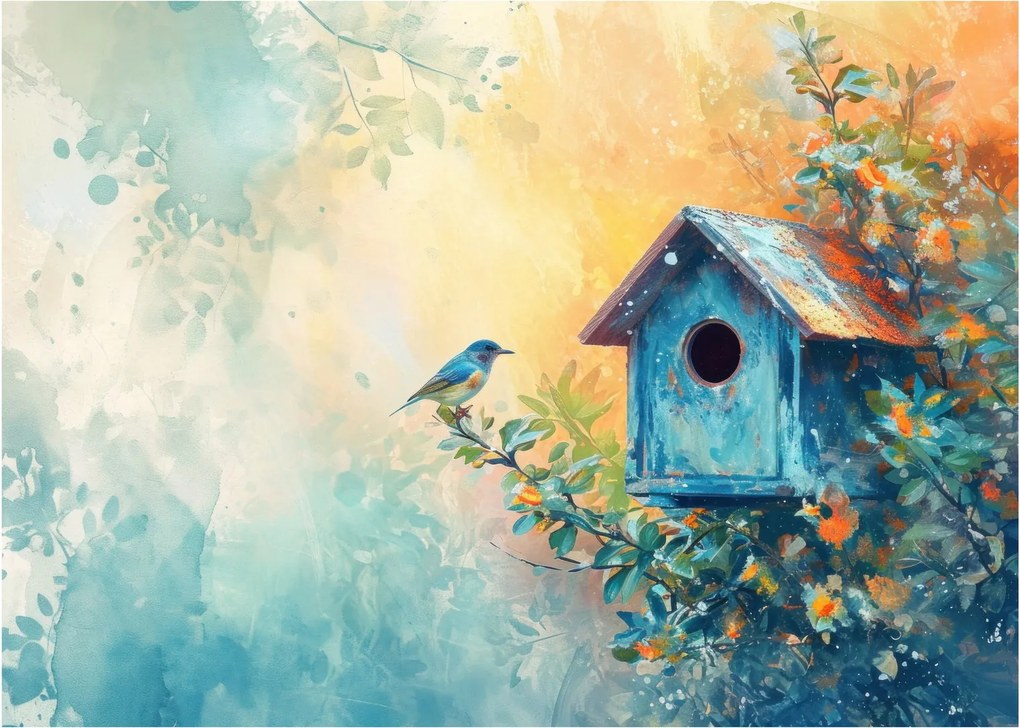 Tablou pe sticlă - Birdhouse, acuarelă, acuarelă (70x50 cm)