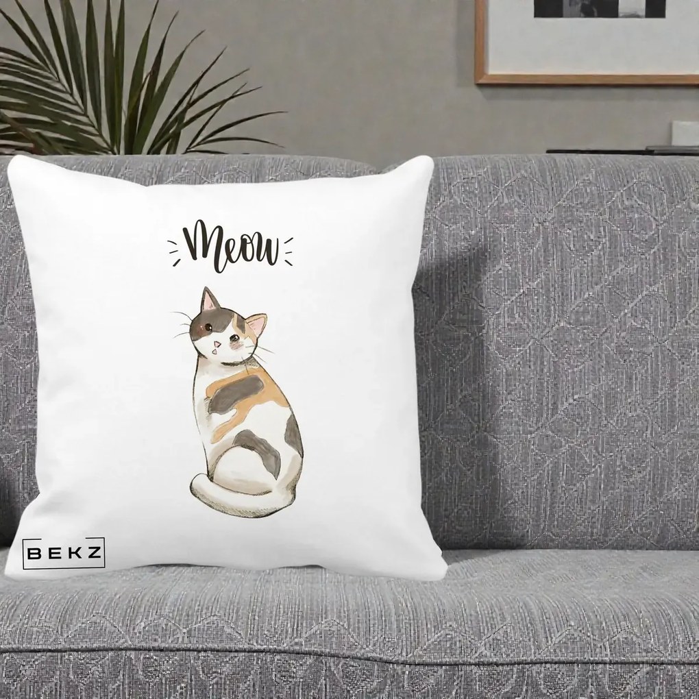 Perna Personalizata Pisica Meow Acuarela, 40x40 cm, Alba Mata, Husa Detasabila, Perna Inclusa, BEKZ®