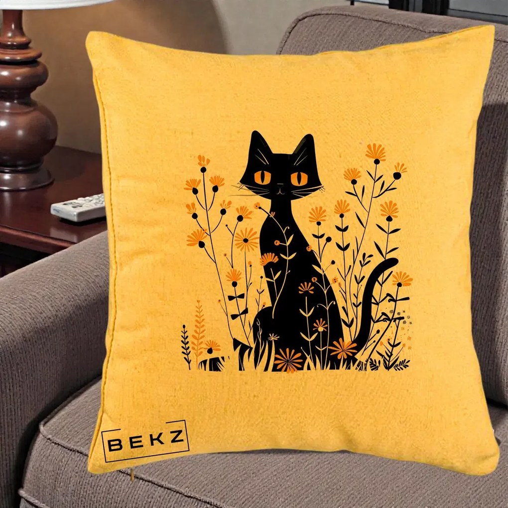 Perna Decorativa Pisica Neagra Ochi Galbeni Flori Galbene, 40x40 cm, Galben, Husa Detasabila, Perna Inclusa, BEKZ®