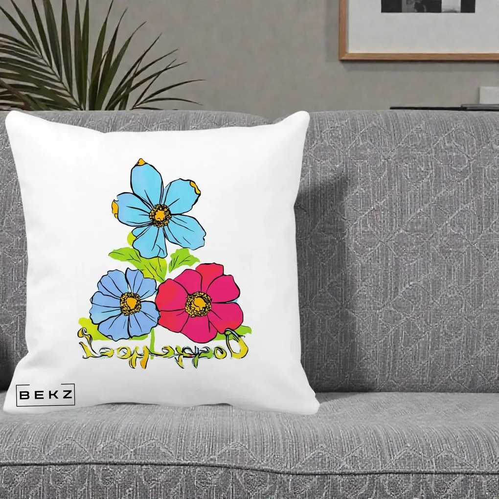 Perna Decorativa Trei Flori Grafice Pop Art, 40x40 cm, Alba Mata, Husa Detasabila, Perna Inclusa, BEKZ®