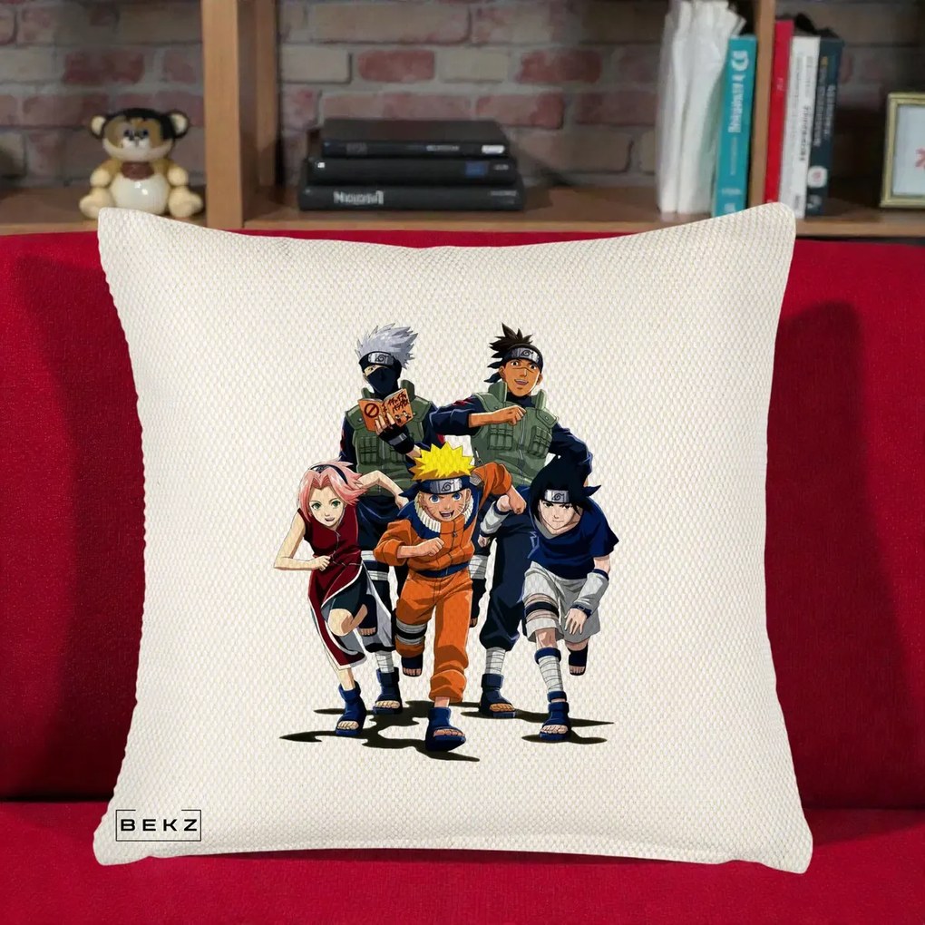 Perna Personalizata Naruto Echipa 7 Kakashi Sensei, 40x40 cm, Crem Reliefat, Husa Detasabila, Perna Inclusa, BEKZ®