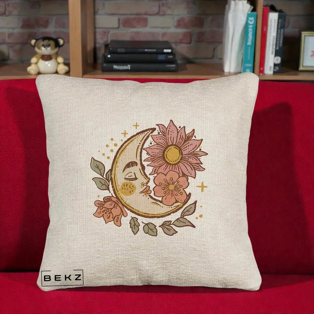 Perna Personalizata Luna Boho Chip Floral, 40x40 cm, Bej Canapea, Husa Detasabila, Perna Inclusa, BEKZ®