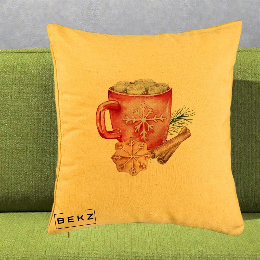 Perna Decorativa Cacao de Iarna cu Biscuit, 40x40 cm, Galben, Husa Detasabila, Perna Inclusa, BEKZ®