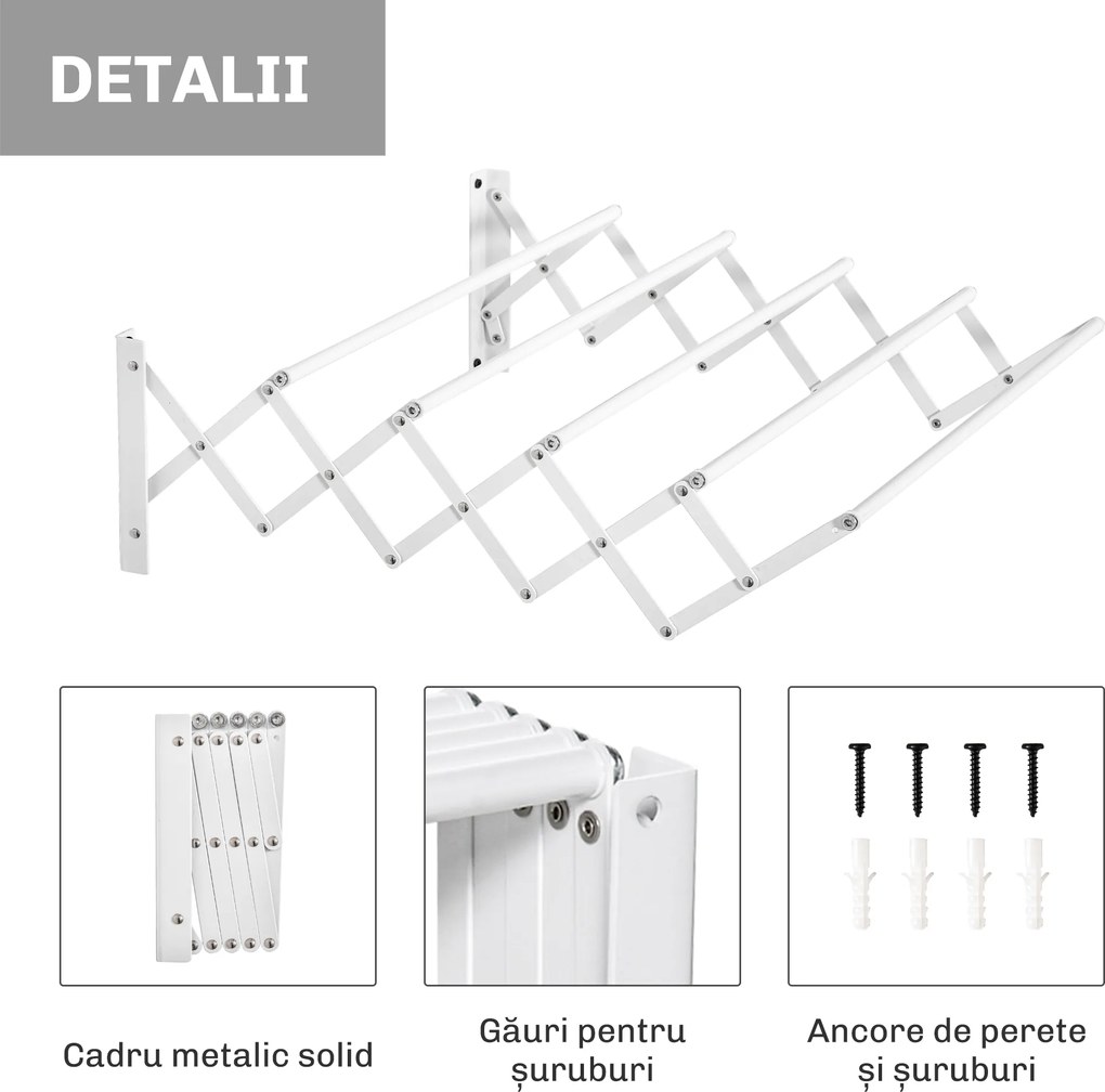 HOMCOM Uscător de Rufe Retractabil pentru Perete, Uscător Pliabil Economisitor de Spațiu din Metal pentru Interior și Exterior, 63,5x60x20 cm, Alb | Aosom Romania