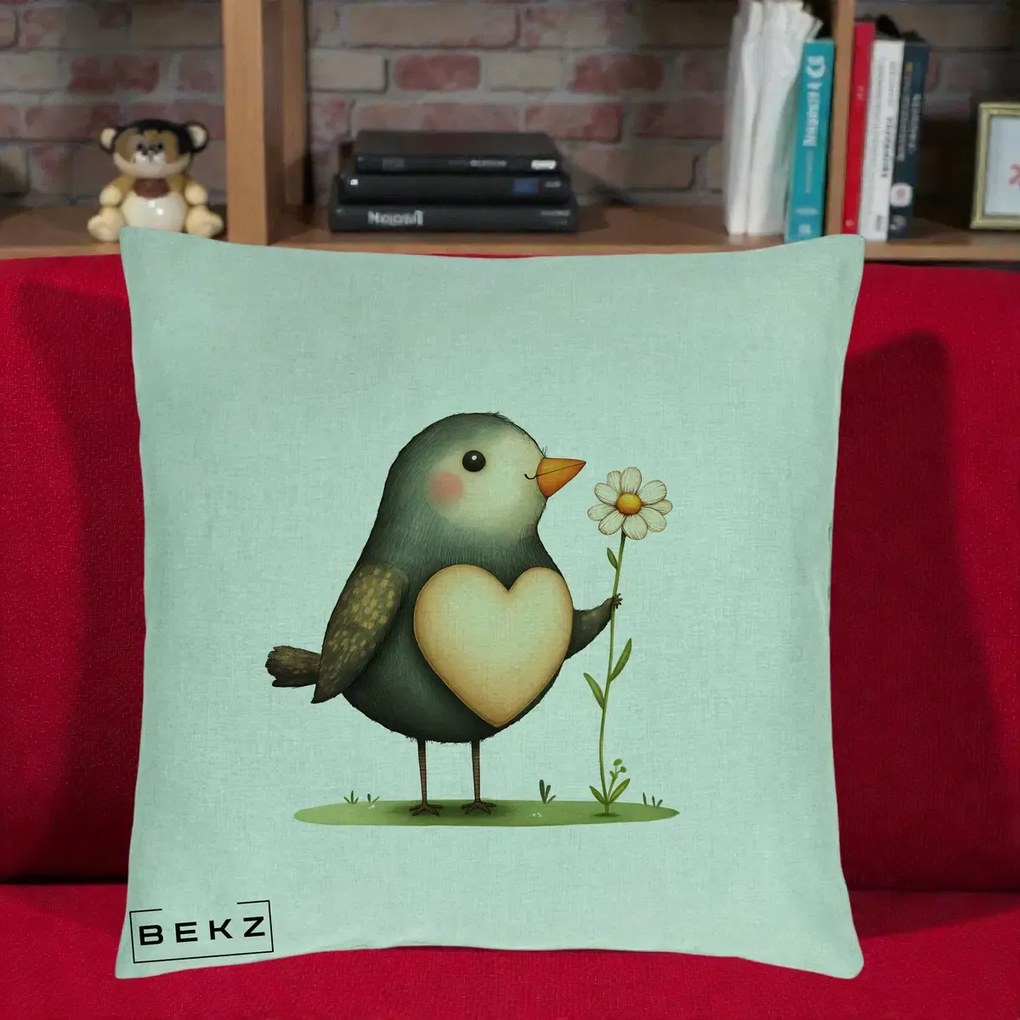 Perna Decorativa Pasare cu Inima si Margareta, 40x40 cm, Verde Menta, Husa Detasabila, Perna Inclusa, BEKZ®