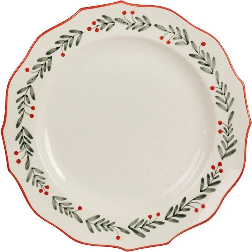 Farfurie din ceramică albă cu motiv de Crăciun pictat manual, margini ondulate, 28,5 cm, „Esther Lingonberry"
