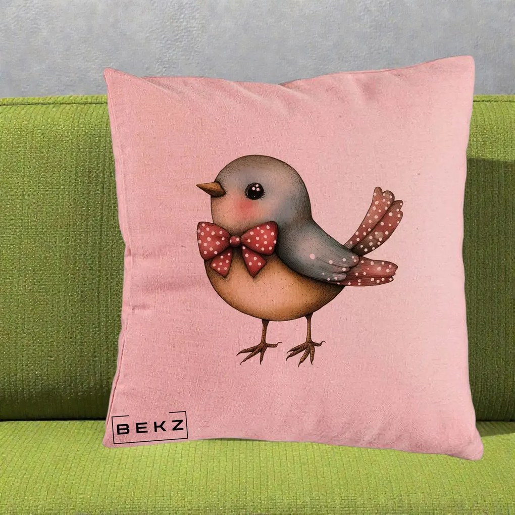 Perna Decorativa Pasare Bleu cu Fundita Rosie, 40x40 cm, Roz, Husa Detasabila, Perna Inclusa, BEKZ®