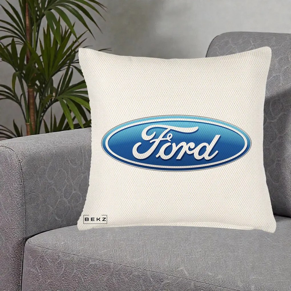 Perna Personalizata cu emblema Ford, 40x40 cm, Crem Reliefat, Husa Detasabila, Perna Inclusa, BEKZ®