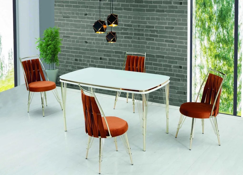 Set Masa cu 6 Scaune Bucatarie, Reina Homs 80 x 140 cm, Negru/Auriu,MDF,250-30216-17