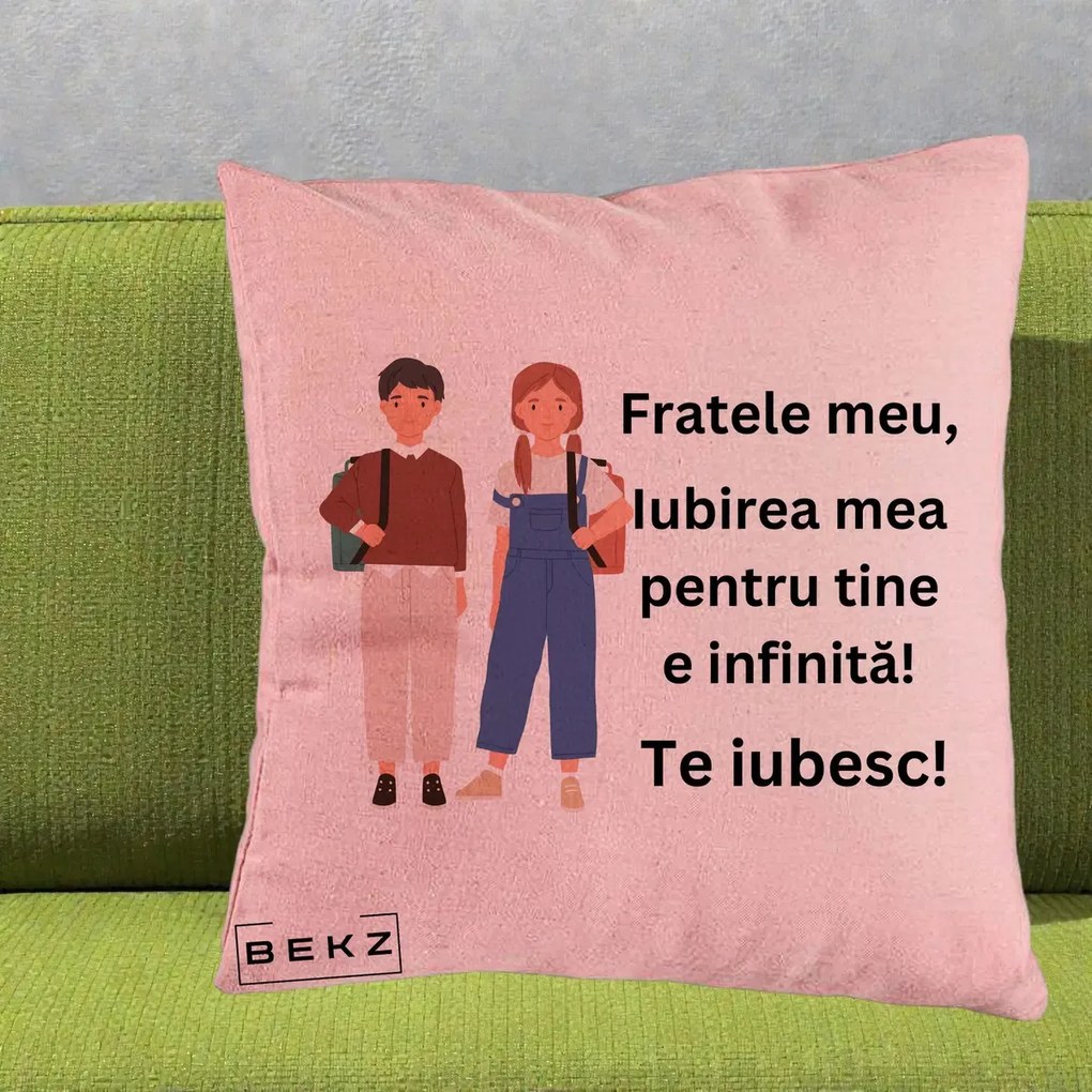 Cadou pentru Frate - Perna Personalizata Fratele Meu Te Iubesc Elevi Ilustratie Colorata, 40x40 cm, Roz, Husa Detasabila, Perna Inclusa, BEKZ®