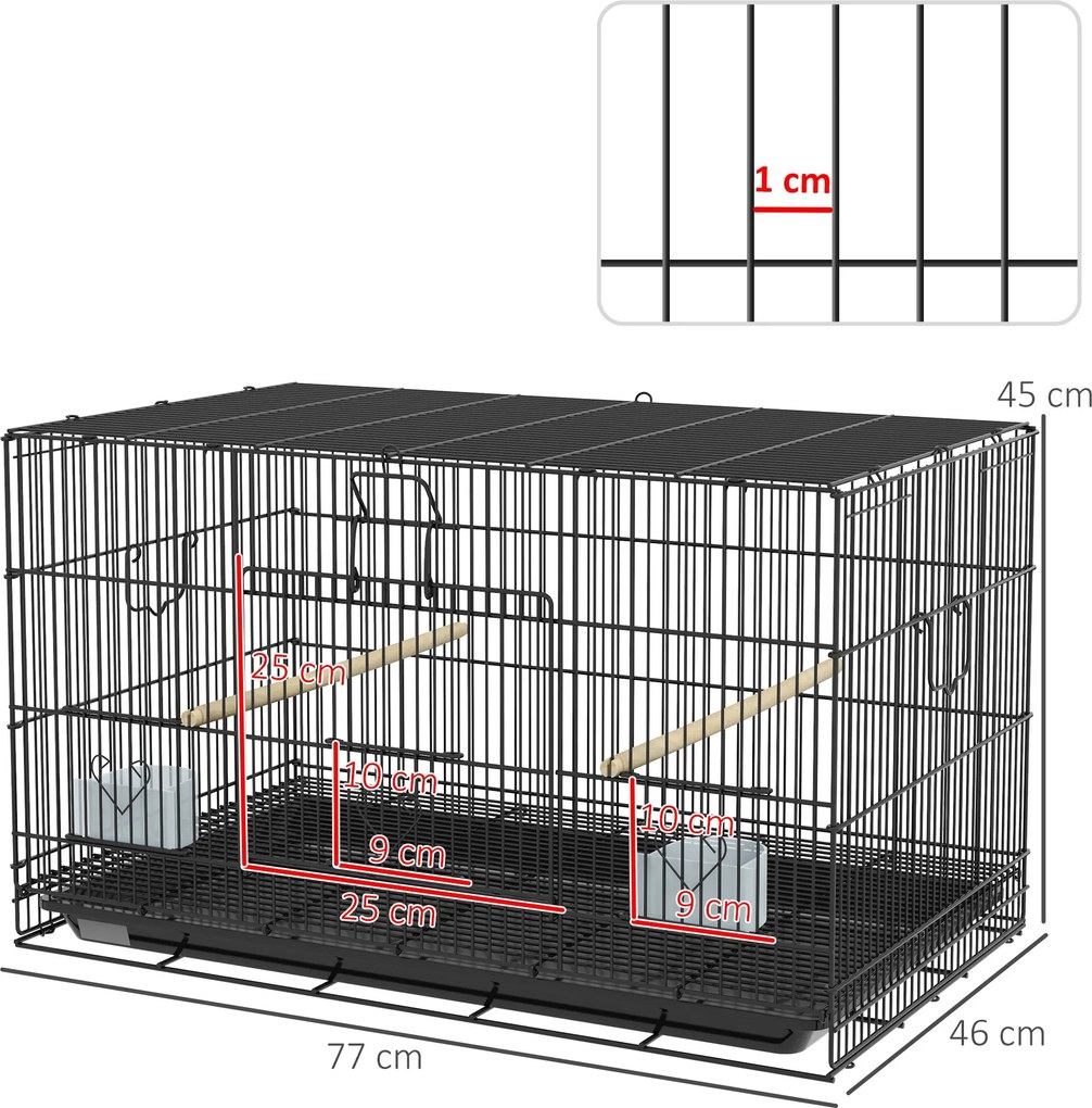 PawHut Colivie pentru Păsări 77x46x45 cm Colivie Metalică pentru Păsări cu Tavă Detașabilă 2 Bețe 2 Recipiente 2 Bețe Negru | Aosom Romania