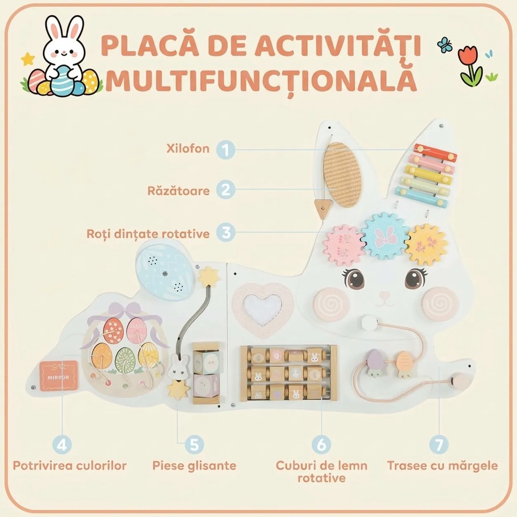 AIYAPLAY Busy Board Montessori de Perete din Lemn pentru Copii 1,5-6 Ani, Tematică Iepuraș de Paște, Alb | Aosom Romania