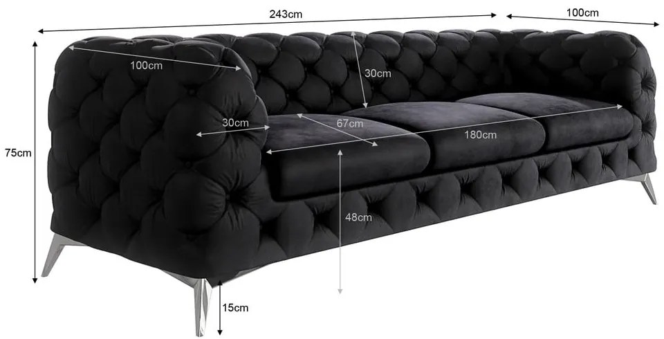 Canapea neagră cu tapițerie din catifea 243 cm Chelsea – Ropez