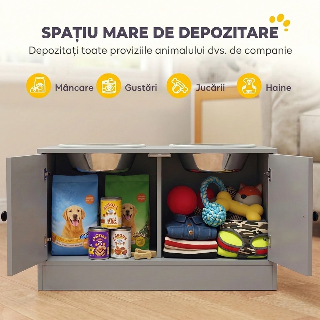PawHut Suport pentru boluri de câini cu 2 boluri de 2 L din oțel inoxidabil și dulap inferior, din PAL, 60x30x35,5 cm, gri | Aosom Romania