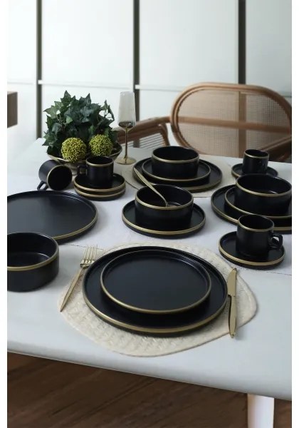 Set de veselă 20 piese — negru/auriu, din ceramică stoneware