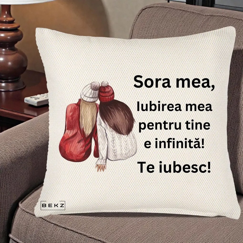 Cadou pentru Sora - Perna Personalizata Sora Mea Te Iubesc Doua Fete Iarna Acuarela, 40x40 cm, Crem Reliefat, Husa Detasabila, Perna Inclusa, BEKZ®