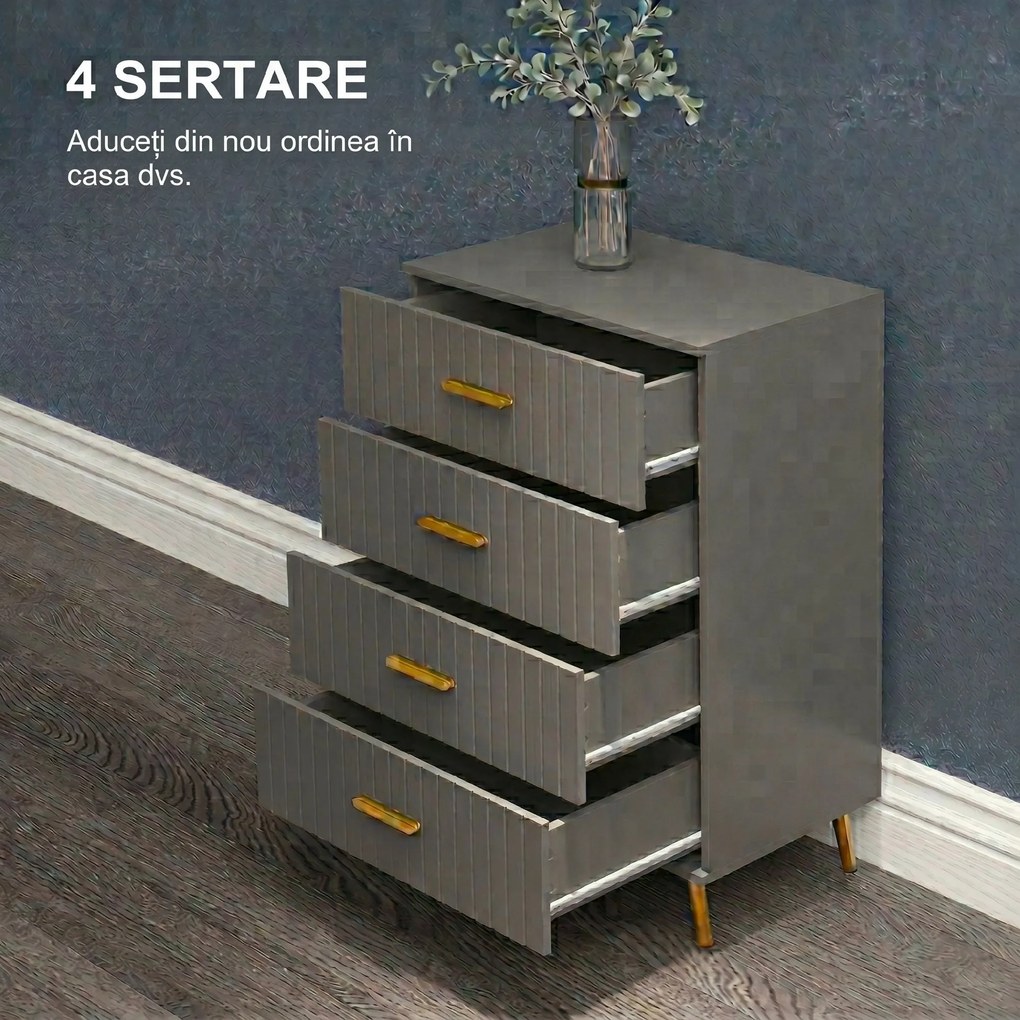 HOMCOM Comodă Modernă cu 4 Sertare, Unitate Sertar Depozitare cu Picioare din Aluminiu, 60x40x90 cm, Gri Închis