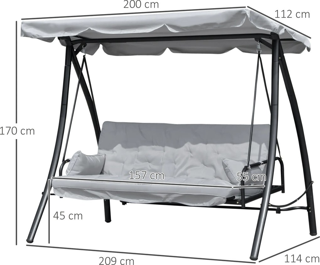 Balansoar de Gradina Outsunny 3 Locuri cu Acoperis Rabatabil Convertibil Pat Poliester Crem 209 cm x 114 cm x 170 cm