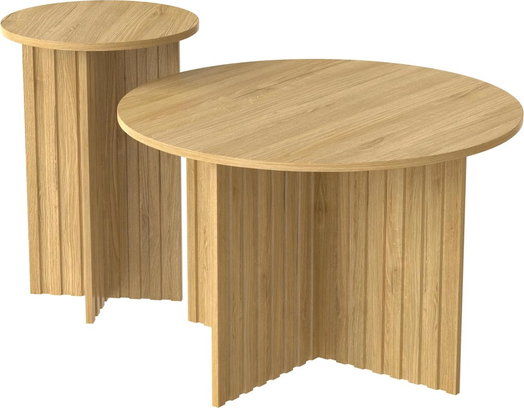 Set modern de 2 măsuțe tip cuib, cu blaturi rotunde și structură verticală pe lateral, 76x76x50 cm/40x40x56,5 cm, Culoare naturală