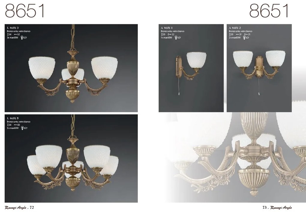 Candelabru cu 3 brate clasic design italian din alama si sticla 8651 RA-L. 8651/3