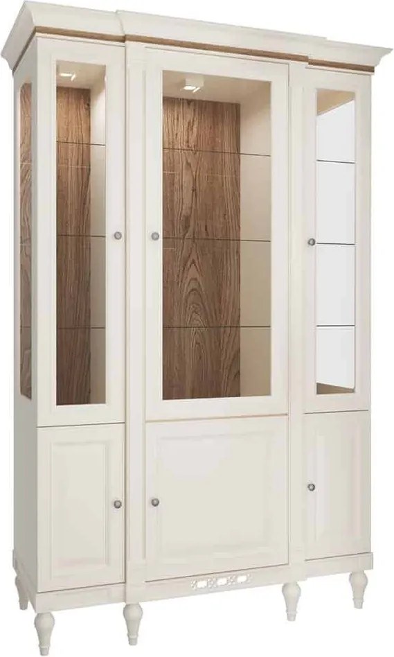Vitrină lemn masiv crem Provence -Natur, 140 × 52 × 210 cm