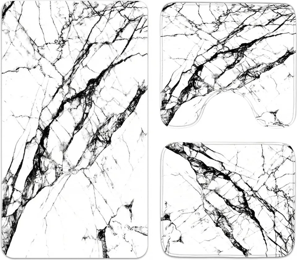 Set covoare baie antiderapante, 3 piese, design marmura alba