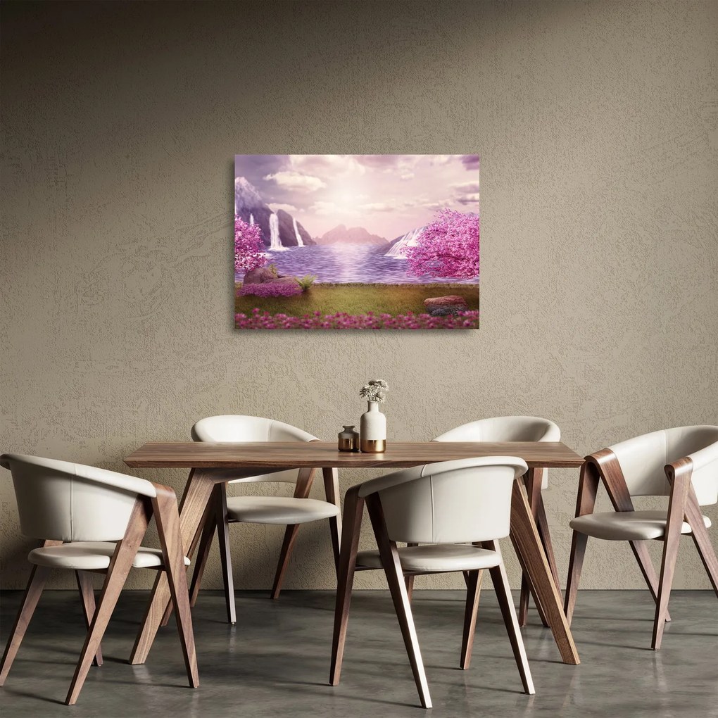 Tablou pe sticlă cu pomi roz cu lac (70x50 cm)