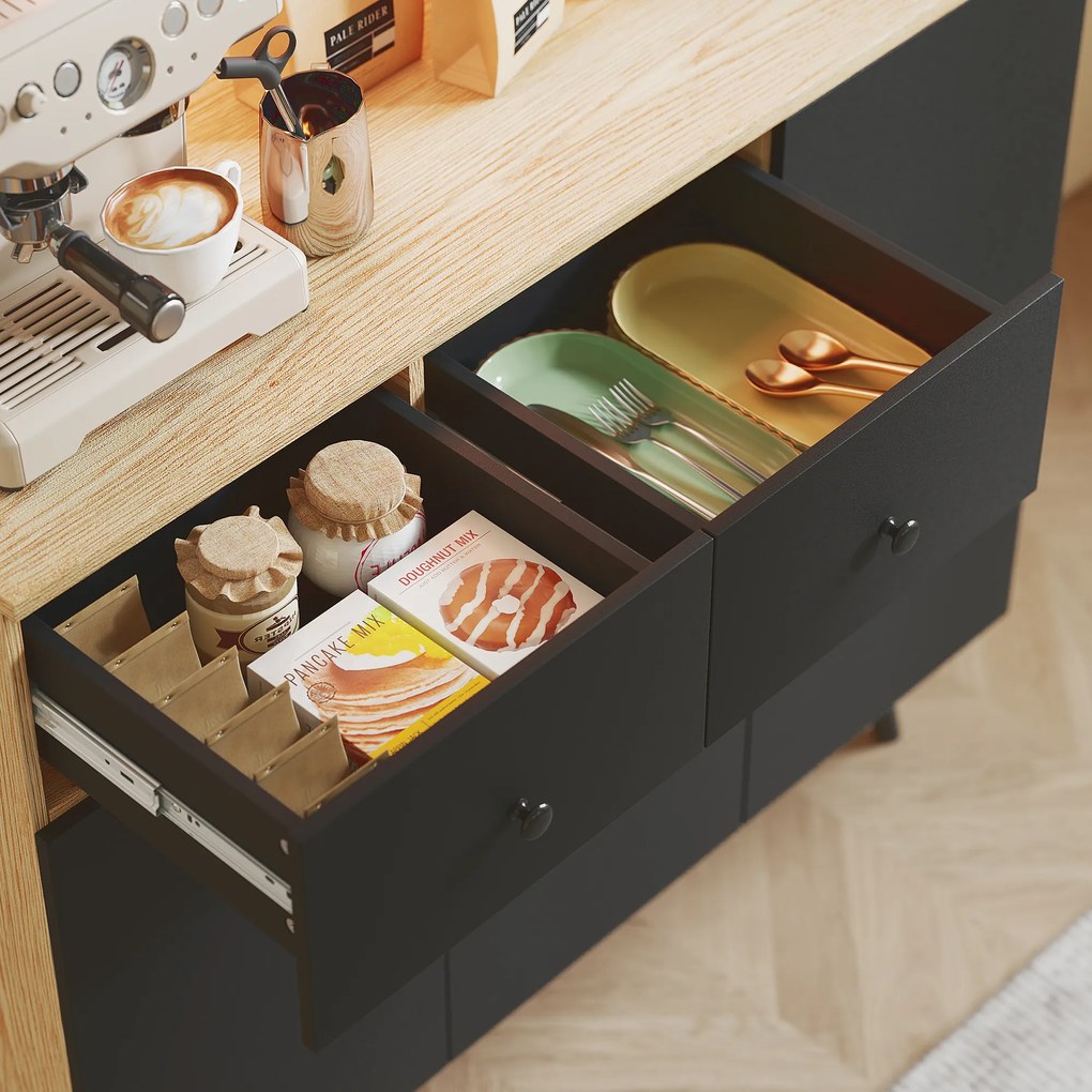 HOMCOM Bufet bucătărie mobilier bucătărie depozitare înalt cu lumină LED RGB plan de lucru 6 uși 2 sertare 100x40x176cm negru | Aosom Romania