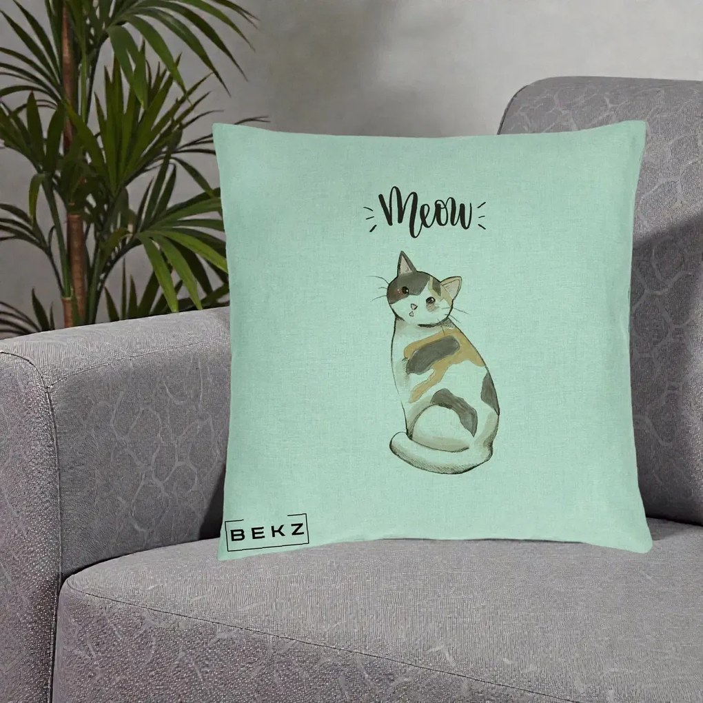 Perna Personalizata Pisica Meow Acuarela, 40x40 cm, Verde Menta, Husa Detasabila, Perna Inclusa, BEKZ®