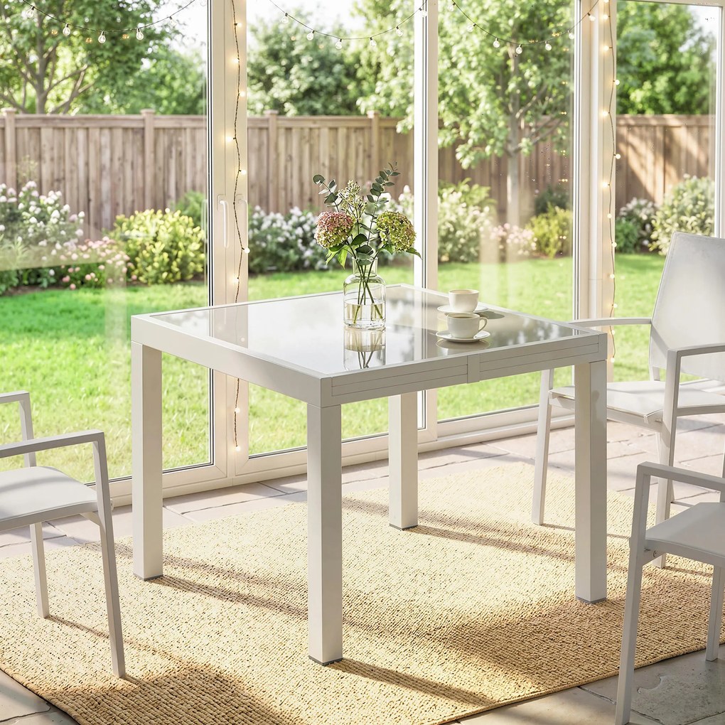 Outsunny Masă Extensibilă din Aluminiu pentru Exterior, Blat din Sticlă Temperată, Crem. | Aosom Romania