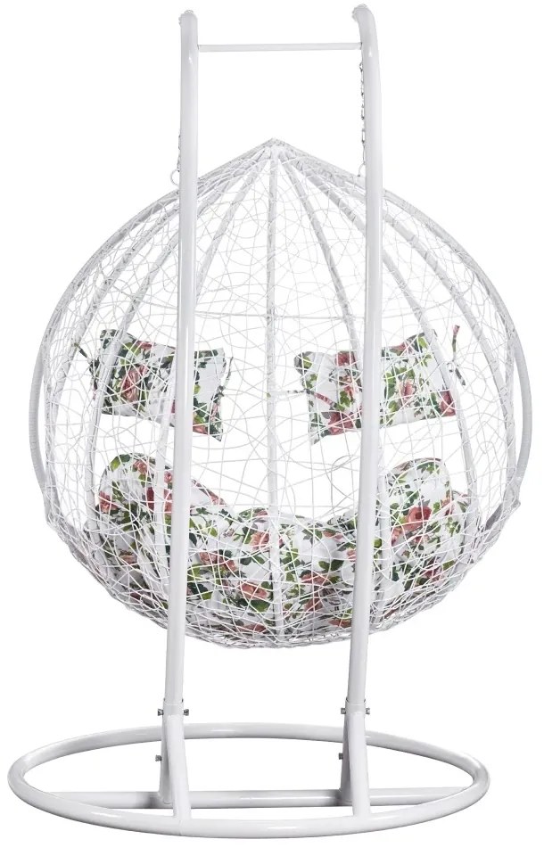 Fotoliu leagan dublu, suspendat, cu perne moi, rezistente la UV, împletitură tip răchită, structură metalică, pentru interior și exterior, Alb/Floral