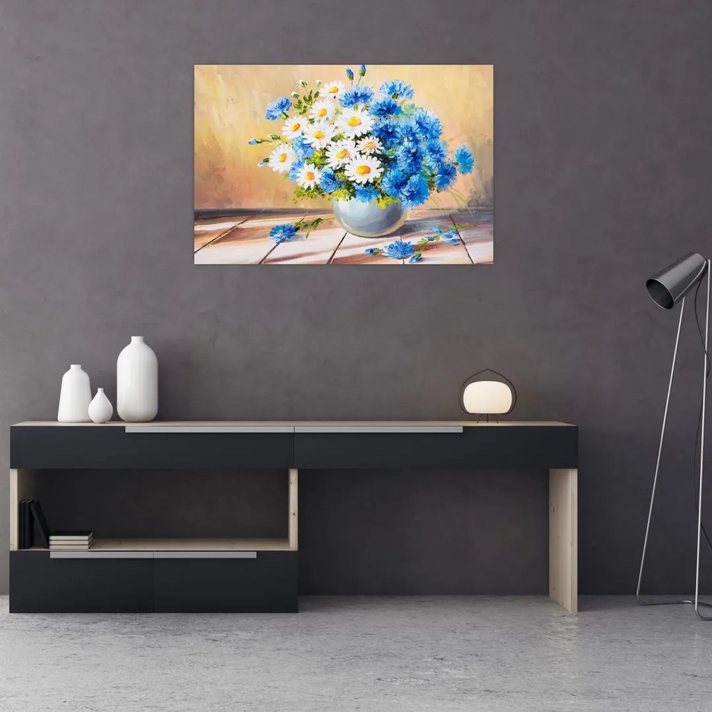 Tablou pictat cu vaza și flori (90x60 cm)