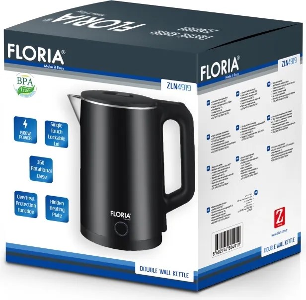 Fierbator electric Floria ZLN4919 Negru, putere 1500W, capacitate 2 L, indicator luminos