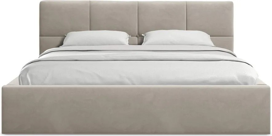 Pat matrimonial taupe tapițat din catifea cu spațiu de depozitare cu somieră 140x200 cm Hiko – Makamii