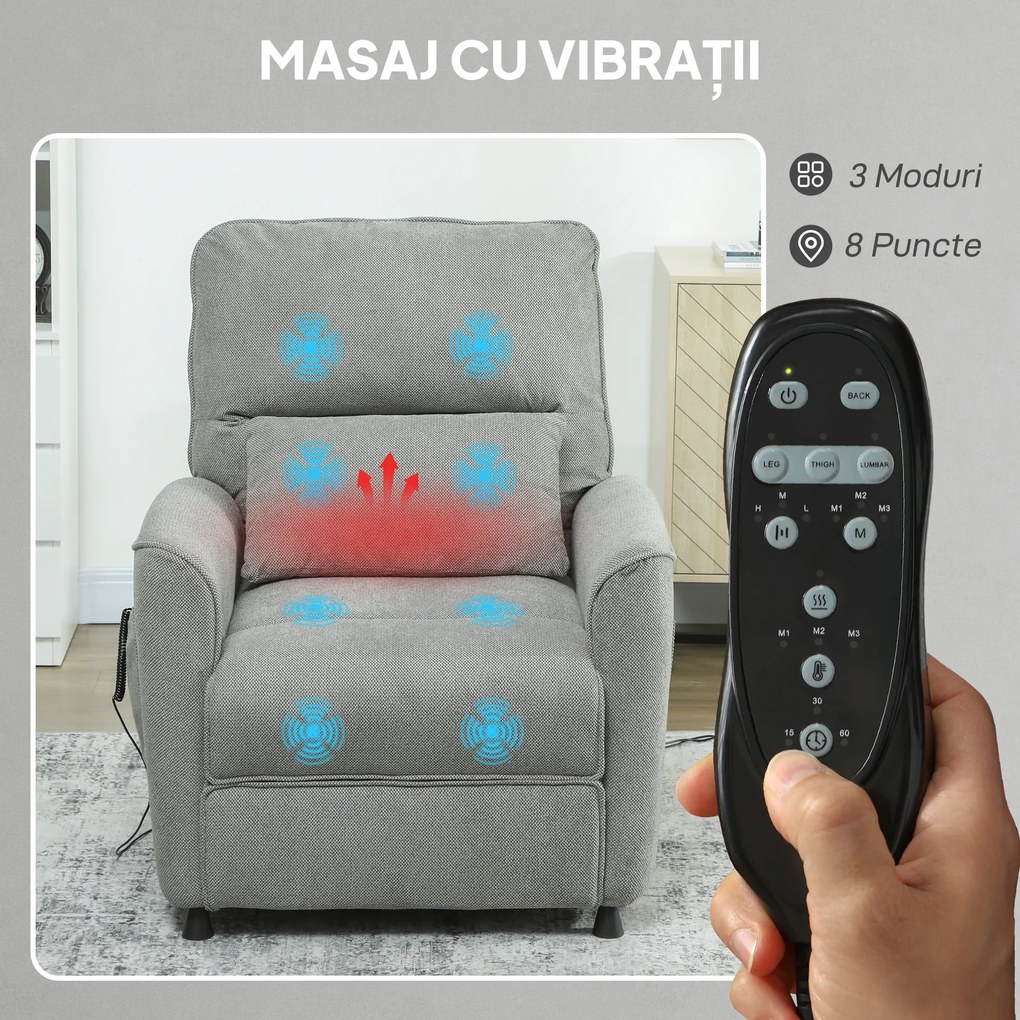 HOMCOM Fotoliu Relaxant Electric cu Masaj și Încălzire, Silențios, Reclinabil 150° în Cinilie cu Pernă, Funcție de Memorare, 2 Telecomenzi, Suport pentru Picioare, Pentru Living sau Birou, Gri Închis | Aosom Romania