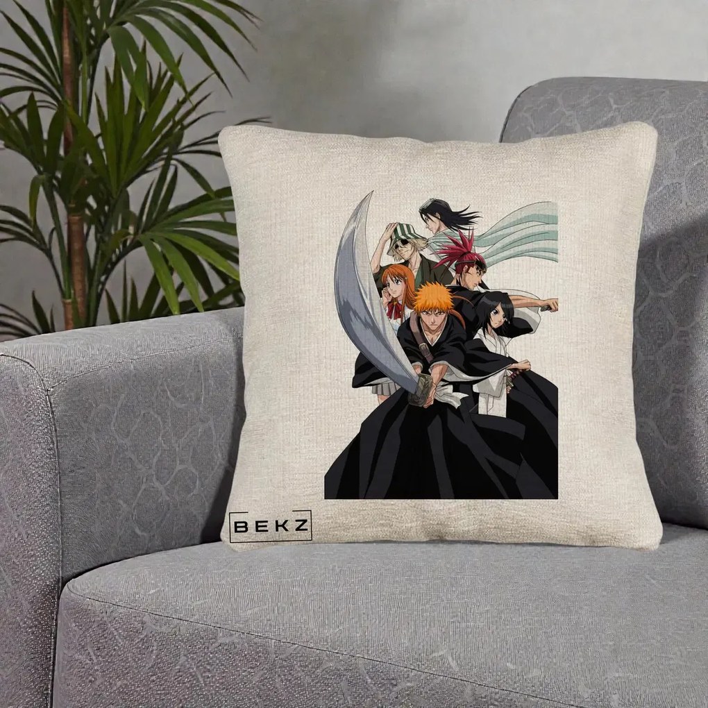 Perna Personalizata Bleach Grup Complet Ichigo si Prietenii, 40x40 cm, Bej Canapea, Husa Detasabila, Perna Inclusa, BEKZ®