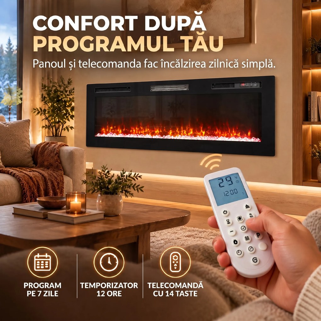 HOMCOM Șemineu electric 153 cm, încastrabil/de perete/de podea, ultrasubțire 8,3 cm, cu telecomandă, 900/1800 W, timer, negru | Aosom Romania