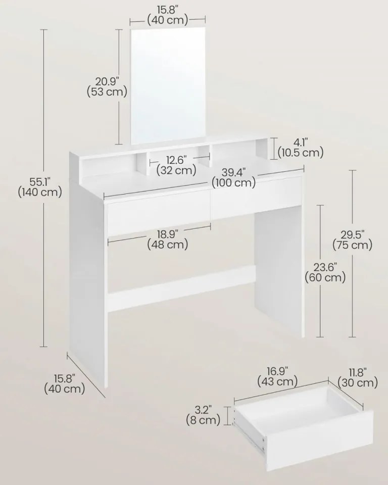 Masa de toaleta cu 2 sertare, 100 x 40 x 140 cm, PAL melaminat, alb, Vasagle