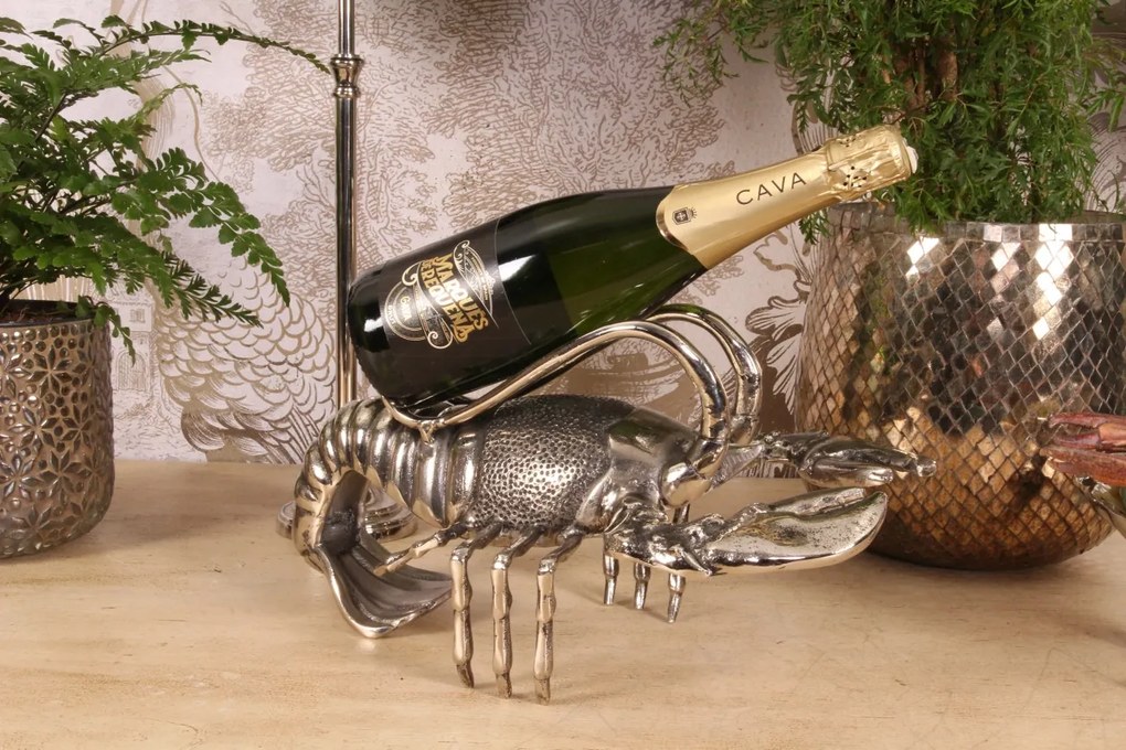 Suport pentru sticlă de vin din aluminiu reciclat, argintiu, homar decorativ, decor marin, finisaj lucios, 21 x 41 x 22 cm, „Homard”