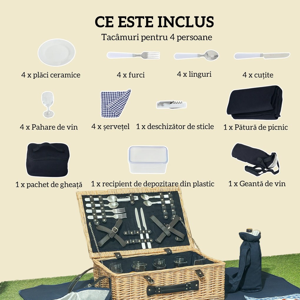Outsunny Coș de Picnic pentru 4 Persoane cu Zonă Frigorifică și Accesorii 54x34x20 cm | Aosom Romania