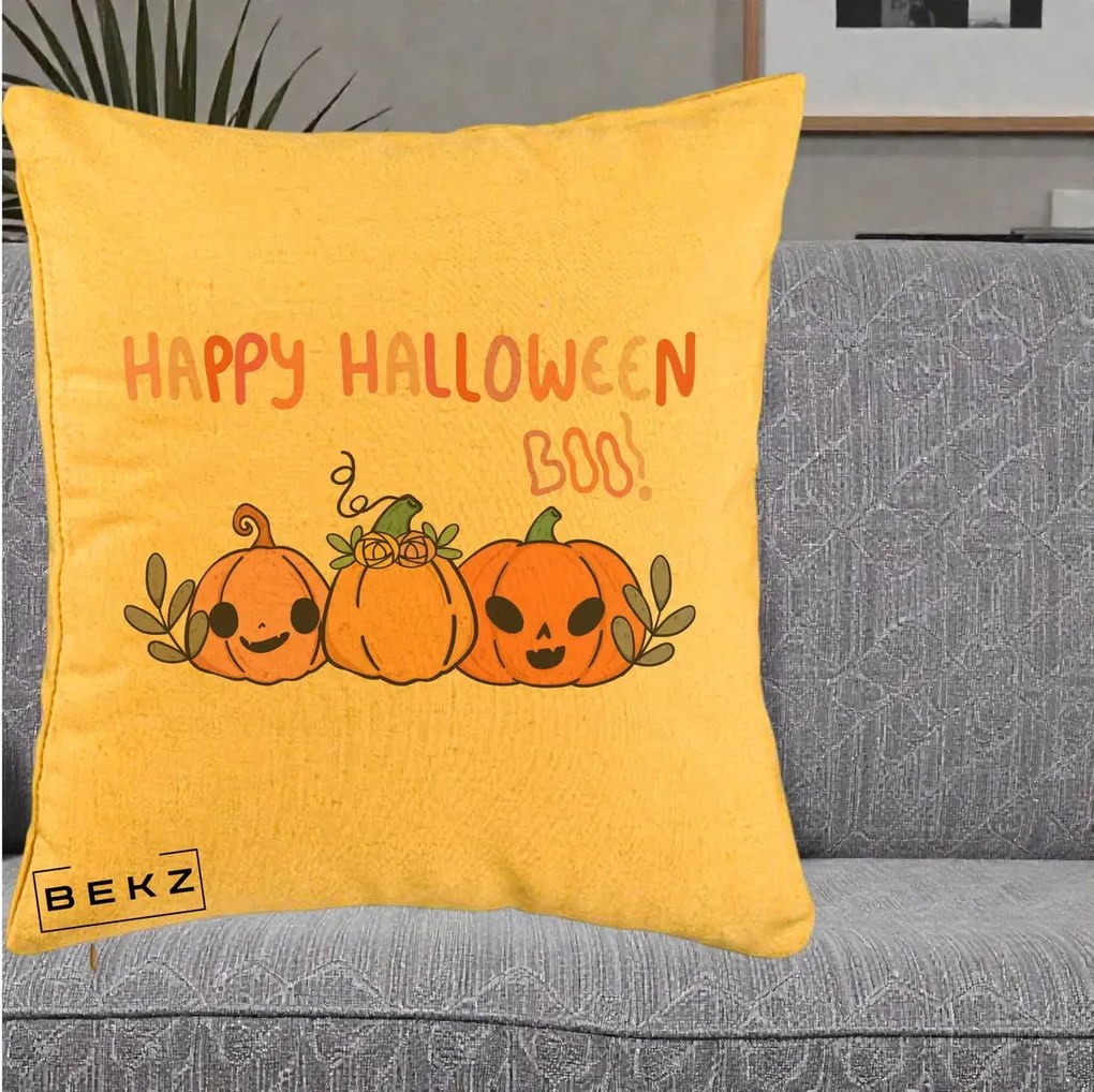 Perna Decorativa Happy Halloween Boo Trei Dovlecei Kawaii, 40x40 cm, Galben, Husa Detasabila, Perna Inclusa, BEKZ®