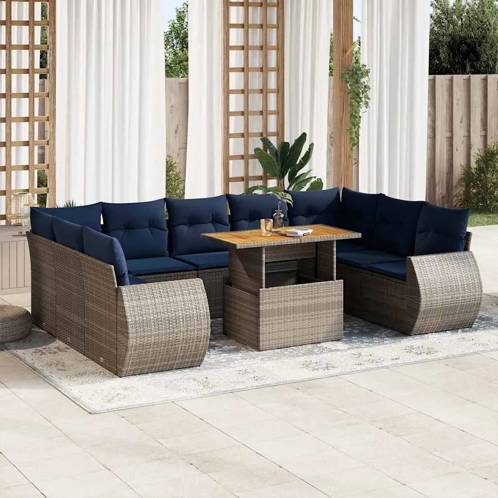 vidaXL Set mobilier de grădină cu perne, 10 piese, gri, poliratan