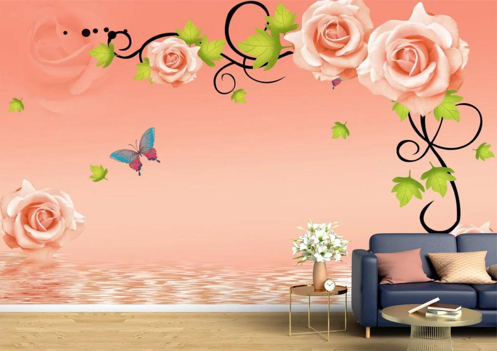Tapet Premium Canvas - Trandafirii roz si fluturi 3d abstract
