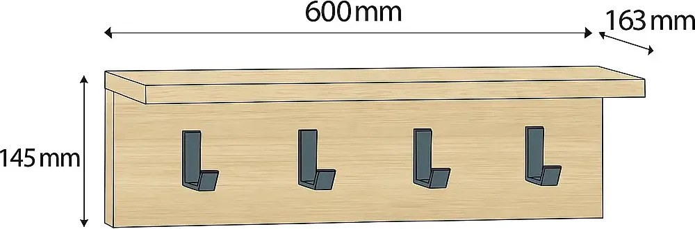 Cuier cu 4 agatatori si polita, AnatolyaHoms,  60 x 16 x 15 cm, stejar