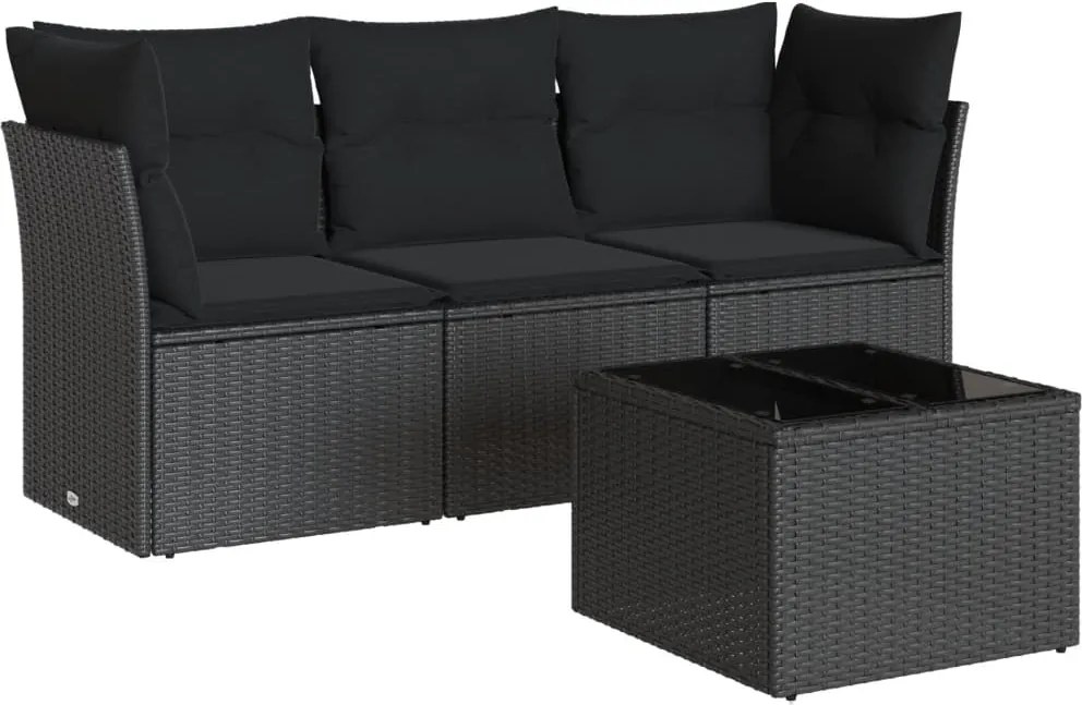 vidaXL Set mobilier de grădină cu perne, 4 piese, negru, poliratan