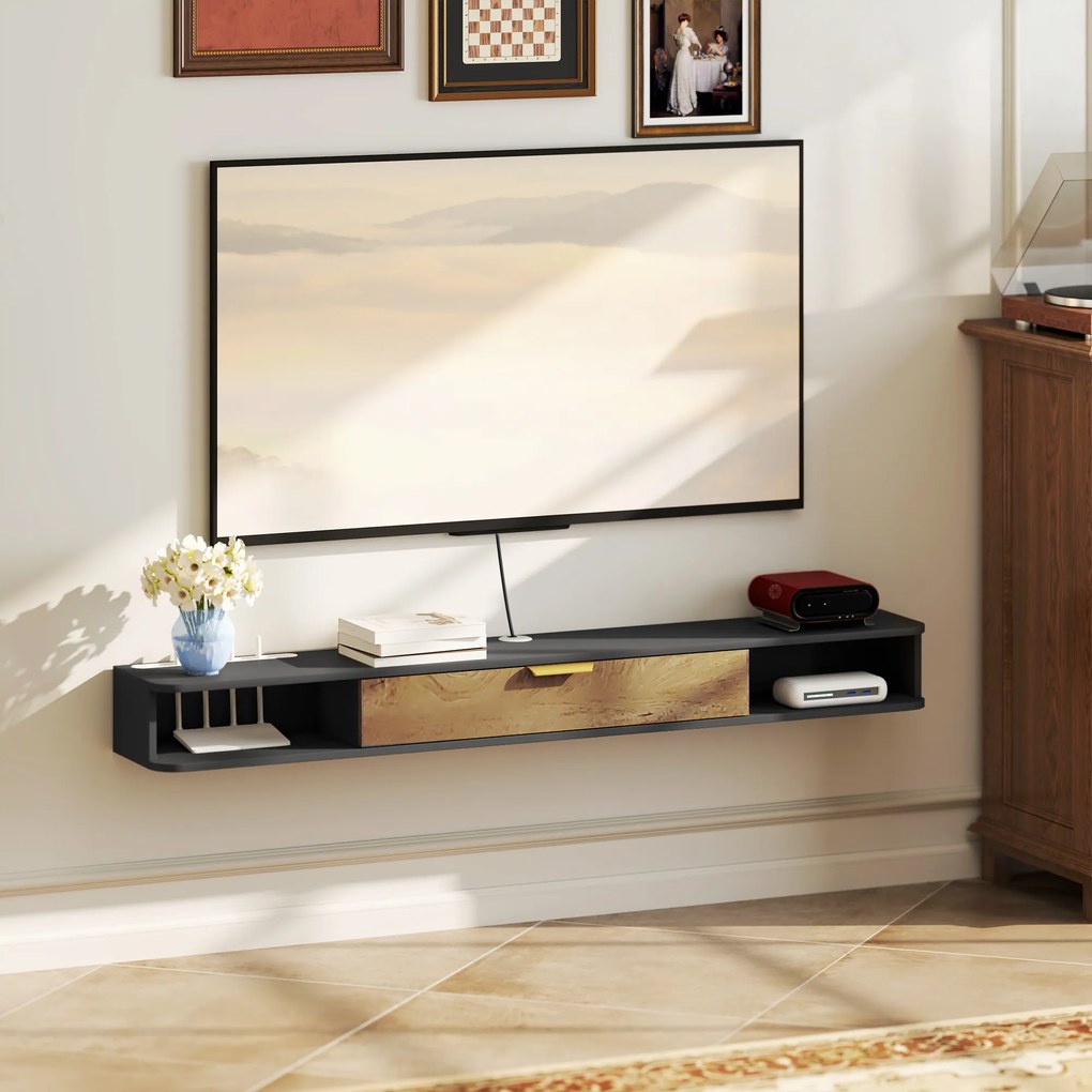 HOMCOM Suport TV suspendat cu compartimente deschise, usa rabatabila si treceri pentru cabluri, 160 x 24 x 16 cm, gri | Aosom Romania
