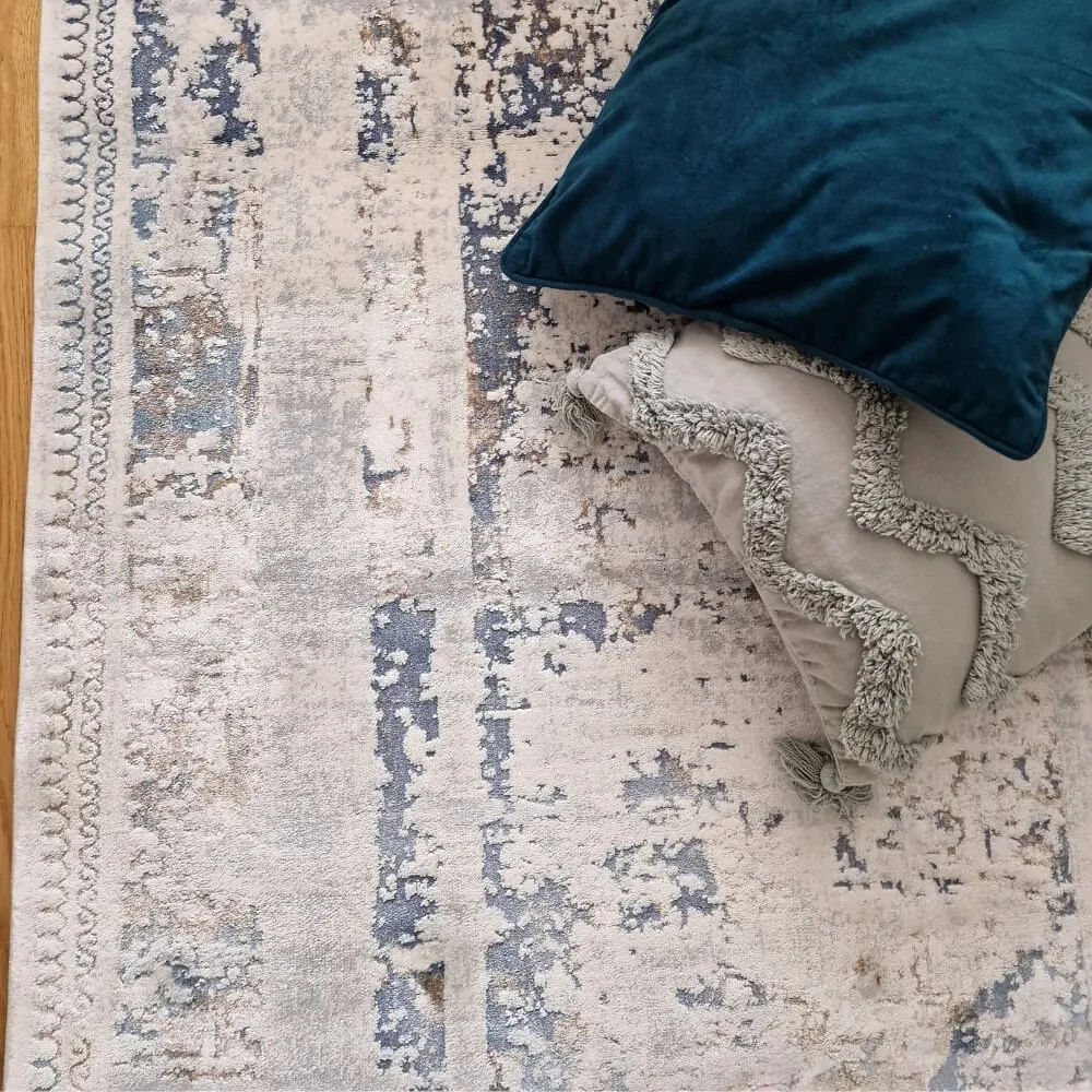 150x230 cm Covor Domino Premium, 40% Polyester/60% Polipropilena, Modern, Gri/Albastru, Densitate 2500 gr/m2