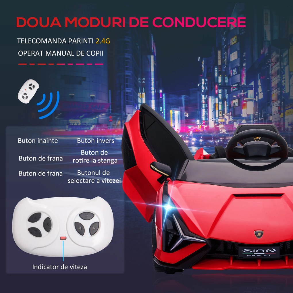 Masina electrica HOMCOM pentru copii 12V Lamborghini, telecomanda, viteza 3-8 km/h, 108x62x40cm, Rosie | Aosom Romania